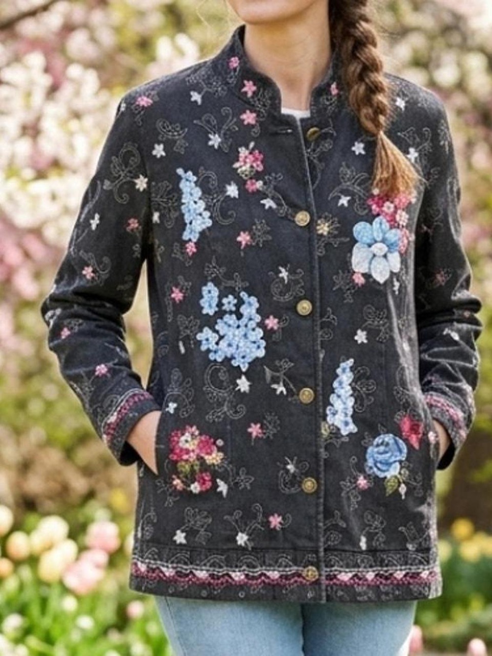 Denim&Co Black Floral Embroidered Jean Jacket